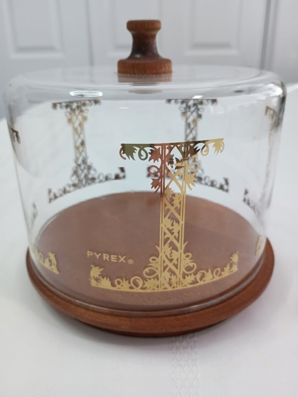 Vintage PYREX Bell Dome Glass with Gold Design and Wooden Base, Cheese Dome